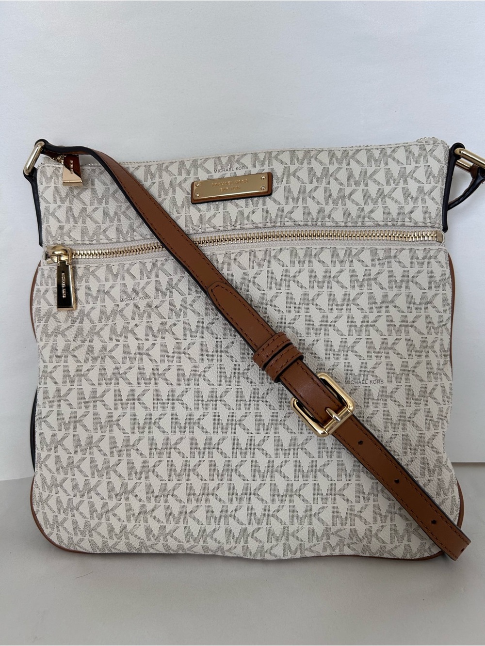 Michael Kors White/Beige Logo Crossbody with Brown Strap